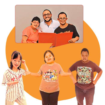 A groupd of people with Down syndrome talking beneath a speech bubble with an image of people telling a story