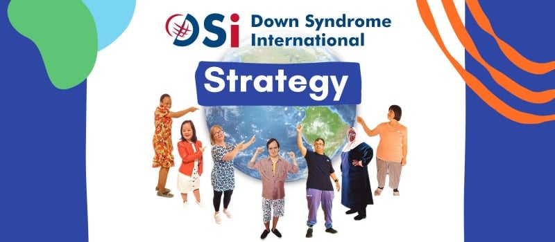 The strategy banner shows a group of people with Down syndrome pointing to a picture of the world.