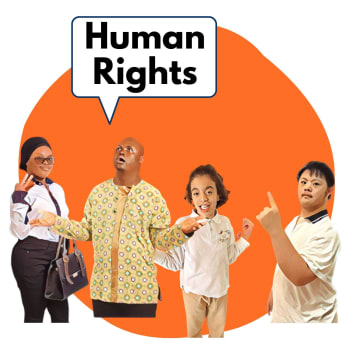 A group of people with Down syndrome talking and a speech bubble with the words Human Rights