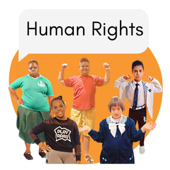 A group of people with Down syndrome beneath a speech bubble with the words Human Rights