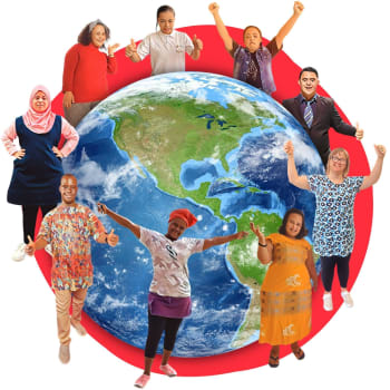 A group of people with Down syndrome looking happy around an image of the world