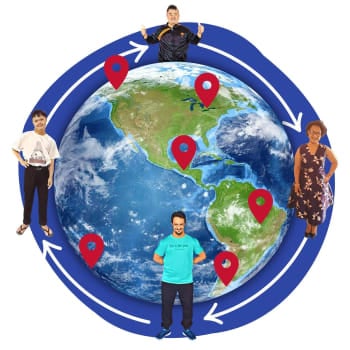 A picture of the world surrounded by people with Down syndrome and markers pointing to different countries.