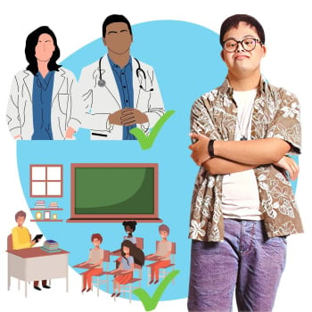 A person with Down syndrome looking happy alongside images of medical professionals and a classroom with green ticks