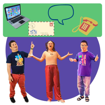 A group of people with Down syndrome speaking alongside images of a laptop, envelope, speech bubble and telephone