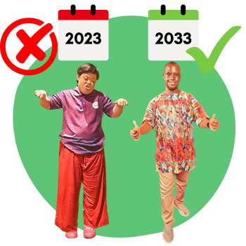 A person with their thumbs down by a calendar showing the date 2023 and a second person with their thumbs up by a calendar showing the date 2033