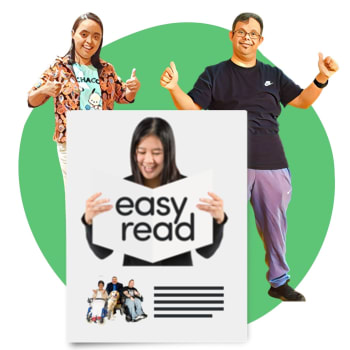 A picture of an accessible document and two people with Down syndrome with their thumbs up